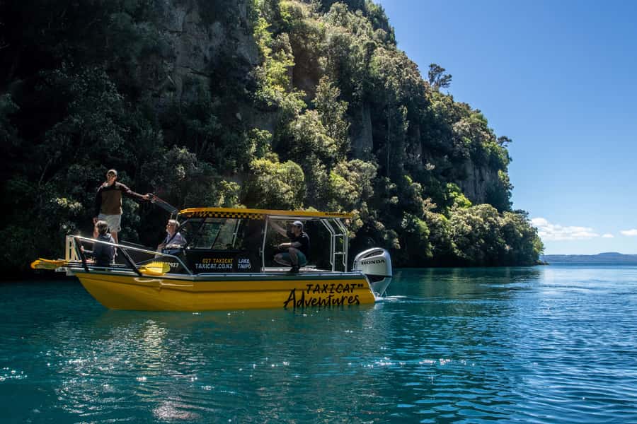 Kinloch: Lake Taupo Catamaran Cruise with Paddleboarding - Waterfalls, ravines, and volcanic rock
